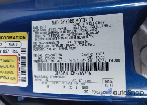 2017 Ford Fusion Hybrid Se z USA, uszkodzony, nr VIN 3FA6P0LUXHR265756